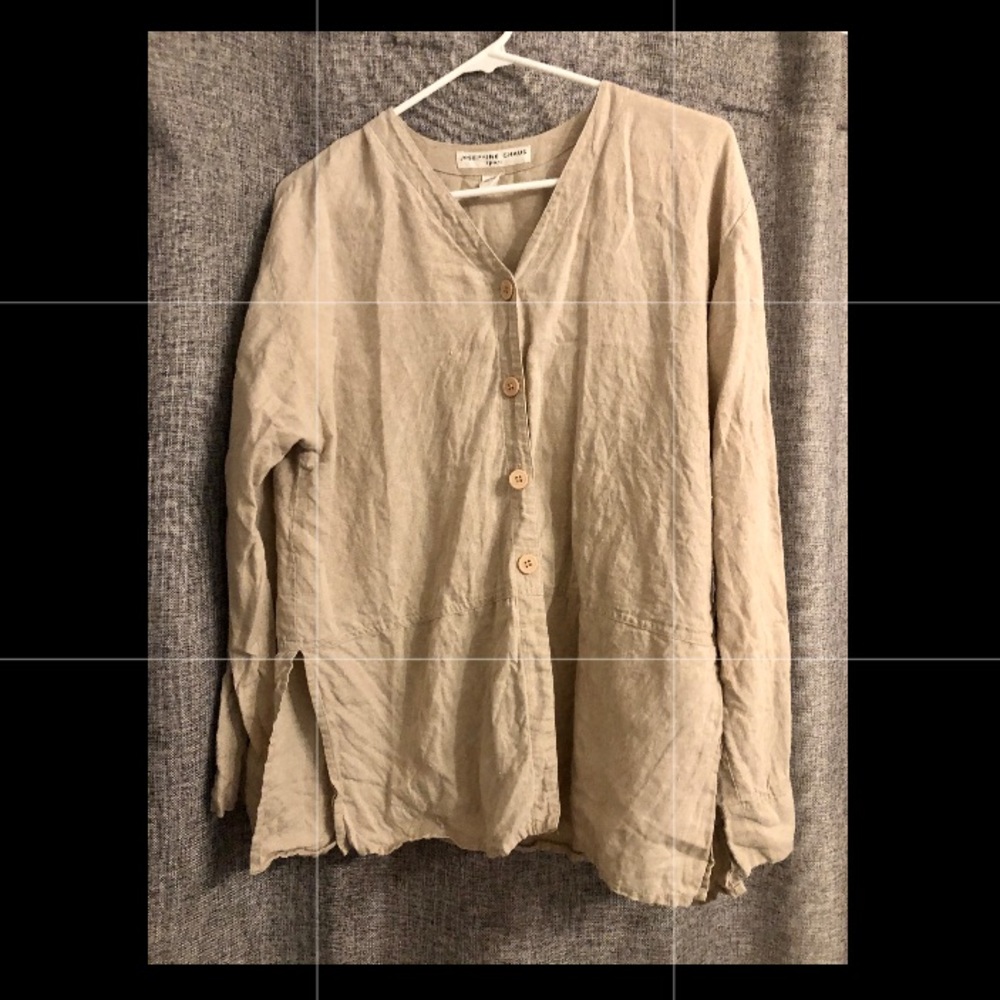 100% Linen Beige Button Down Blouse w/ Side Slits